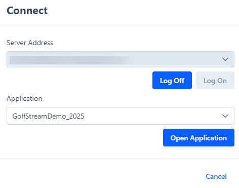 The Logon window displays a server adddress and an application selection